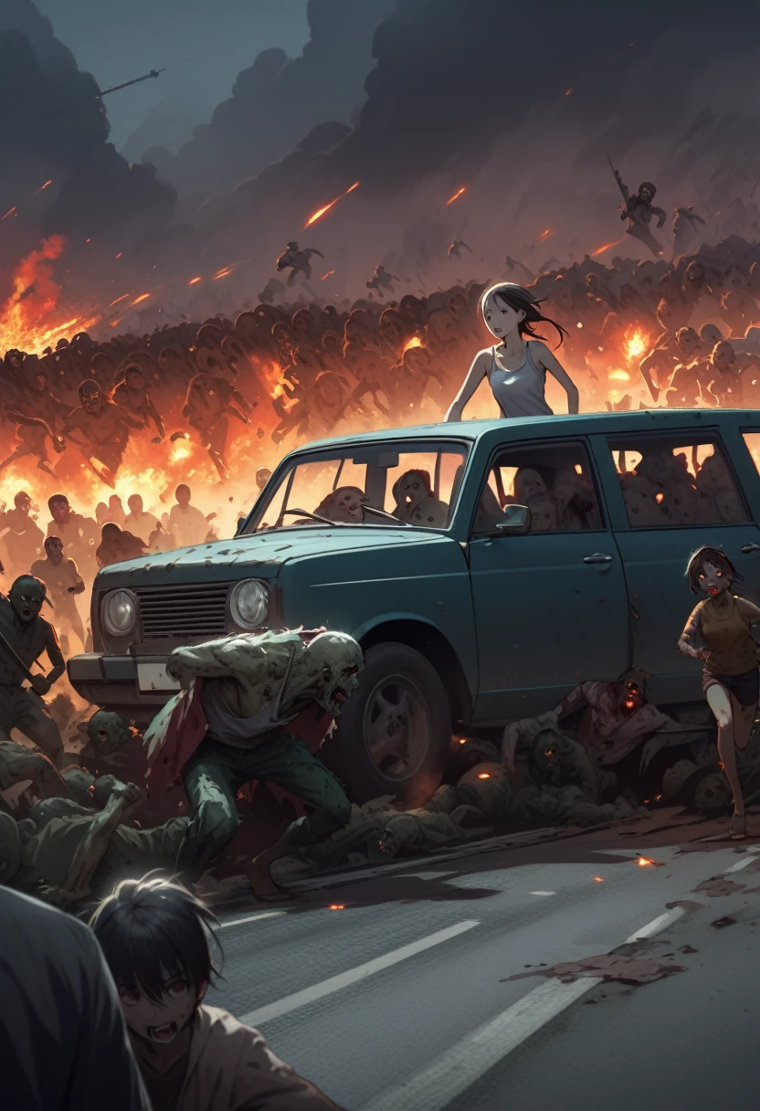 woman,spats,belly button,Tank top,slender,run away,Clothes are torn,Covered in scars,fear,Watery eye,Being chased by a horde of zombies,End of the World,Defects in the body,Expressway,traffic jam,Car accident,fire