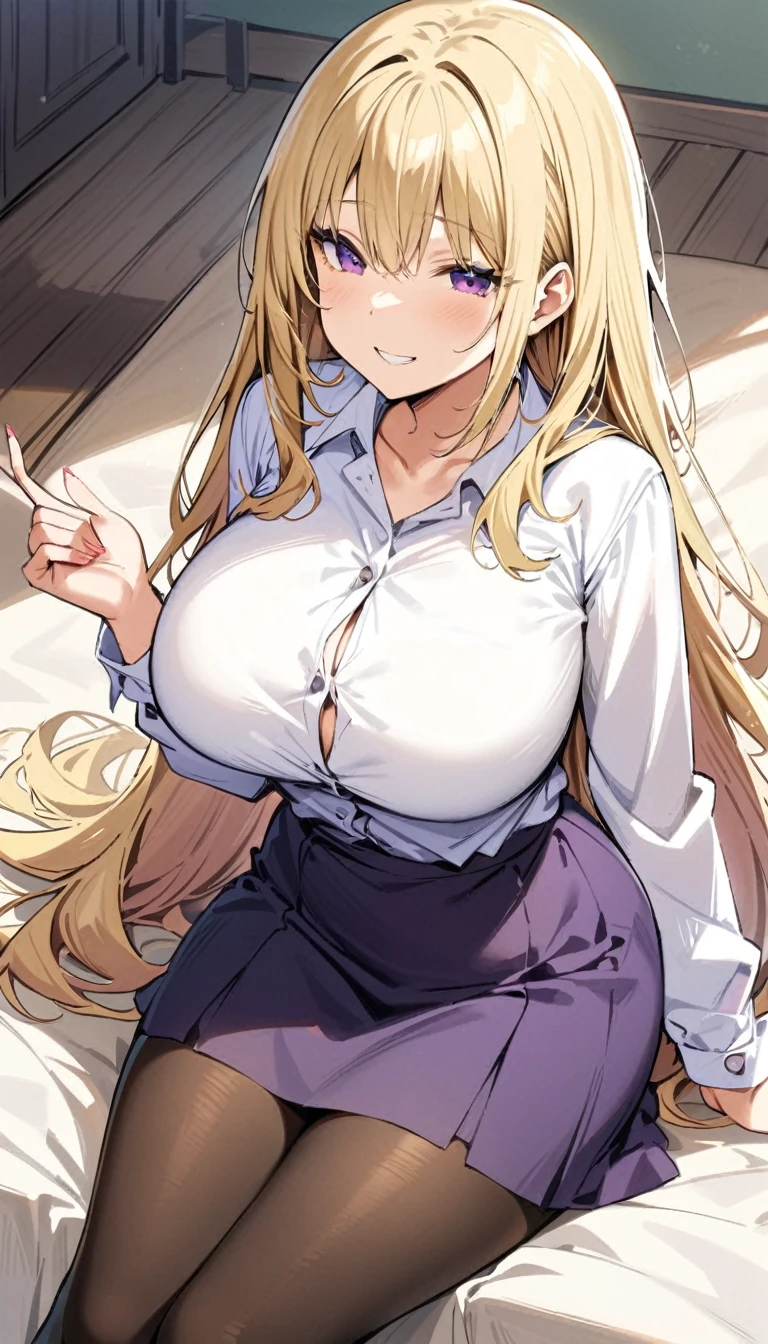 ((Best Quality)), ((Masterpiece)), (detailed), 1 girl, Pastel yellow hair, long hair, hair covers one eye, purple eyes, big breasts, big thighs, expression smiling shy, white button-down t-shirt, purple skirt, brown pantyhose