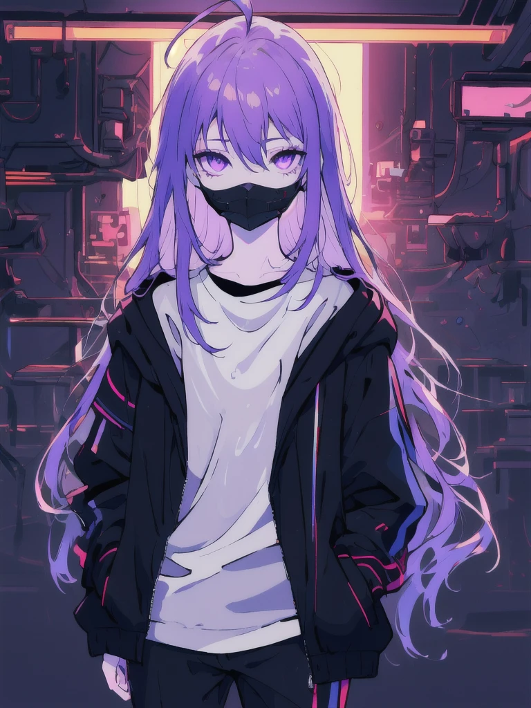 ((masterpiece)), (best quality), ((highres)), 4K, Detailed, (Ambient Light, Digital Art, Soft Lighting, extremely detailed 8K wallpaper:1.2), BREAK 1girl, solo, pale skin, violet eyes, violet hair, ahoge, (absurdly long hair:1.1), flat chest, cyberpunk scenery, black jacket, pants, shirt, night, hand in pocket, looking at viewer, hair between eyes, expressionless, rtx, neon light, black medical mask