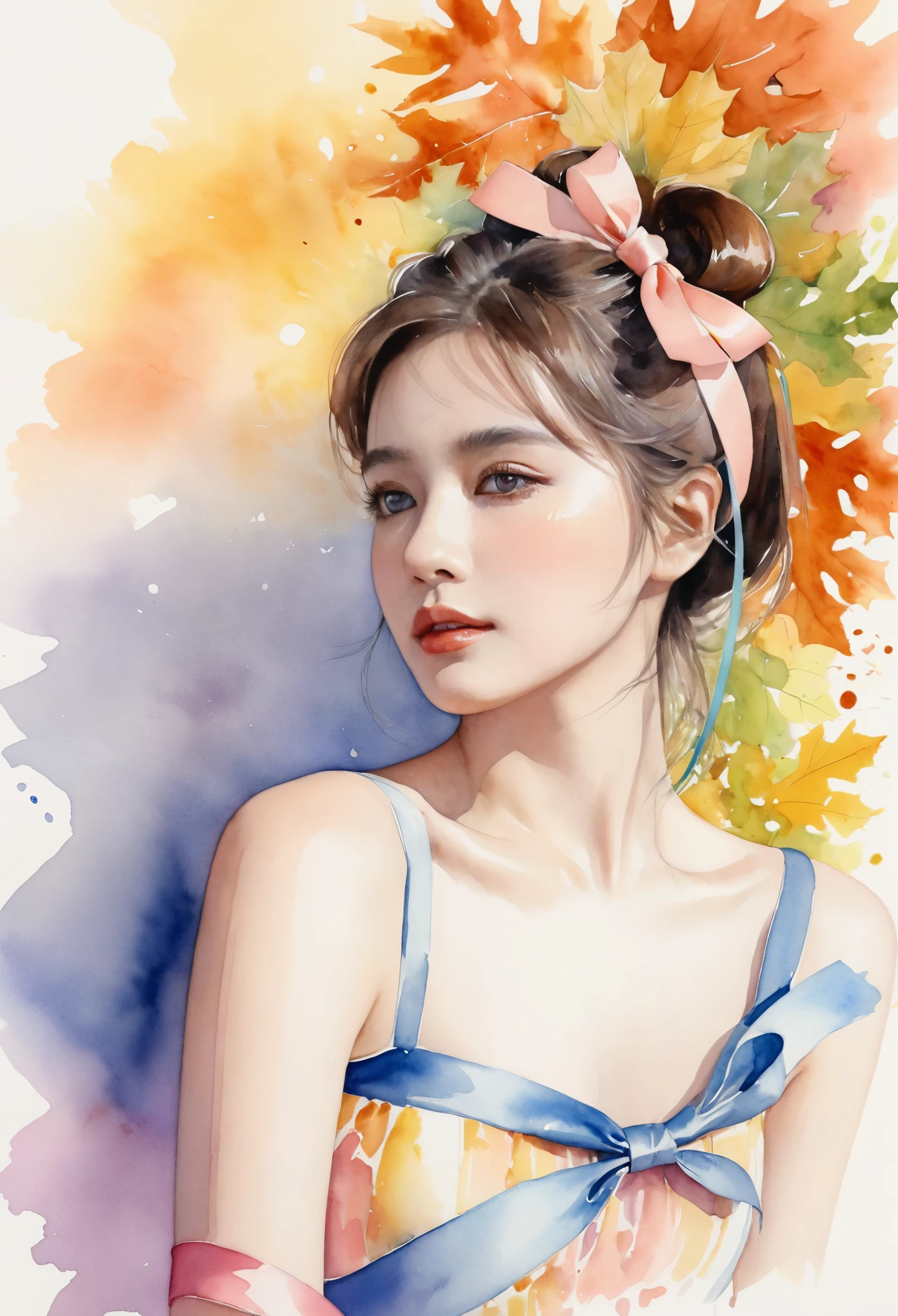 (8K, Highest quality, masterpiece:1.2),(Highest quality:1.0), (Ultra-high resolution:1.0), watercolor, Beautiful woman, shoulder, Hair Ribbon, Agnes Cecil, Half Body Portrait, Very bright and luminous design, pastel colour, (ink:1.3), Autumn Light,