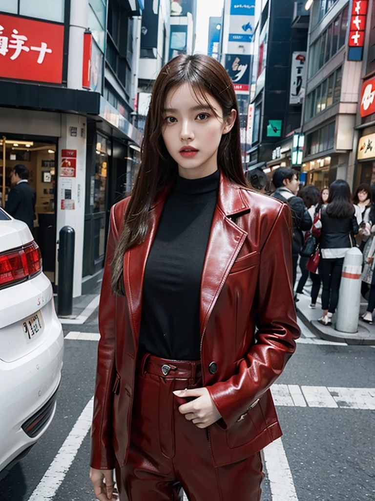 bewitching eyes, balanced eyes, //Street Snap //Wearing a Gucci red set-up leather suit and shirt,//breast focus, ((facing the viewer)), //On the streets of Tokyo, //japanese lady, pale skin, //droopy eyes,//long hair, //((standing)), high quality:1.3, professional lighting:2.0 realistic:1.2, 4K resolution, detailed skin, masterpiece:1.1