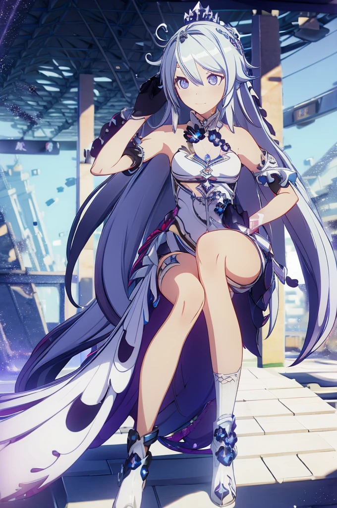 One Girl, hatsune miku, Princess Costume, crown, Money, ((Throne)), Inside the castle, middle ages, Wearing a blue vest, Put one foot on the ground, The calf of the other leg was pointing outwards., hold the microphone with one hand, The other hand beeps across the eye., White Background