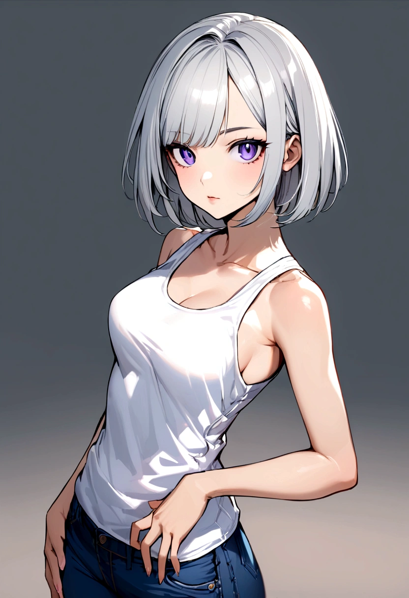 Create a young white woman, 20 year, silver-haired, slightly purple eyes, straight and short hair, wearing tank top, jeans, breasts 1.3, fine-detailed