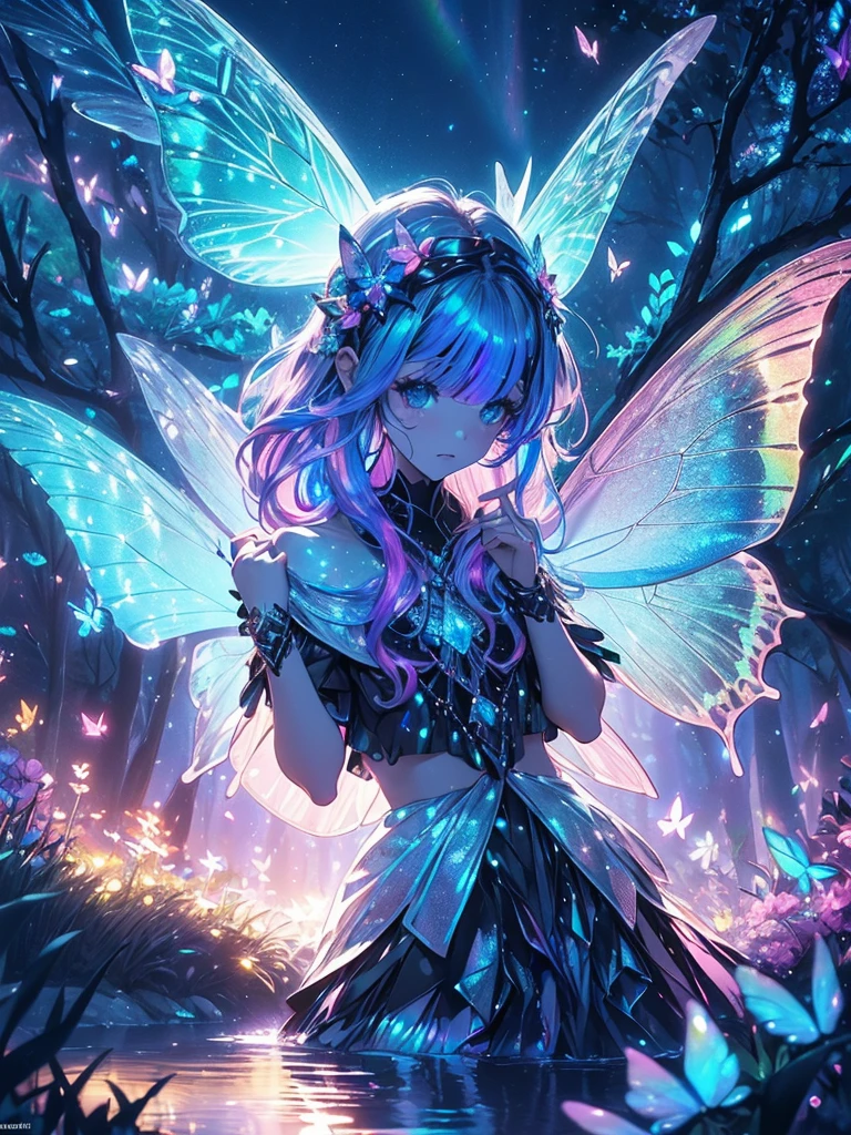 Enchanted mystical forest, neon-colored butterflies, pure blue water river spring, golden mini fairies, glowing mushrooms releasing pollen, extremely beautiful landscape, (ultra-realistic), {extremely detailed 8k CG unit wallpaper}, expansive landscape photography, (a low view that prioritizes the entire scene, (wide open field view), (low angle shot), (high light: 1.5), (low light: 1.0), (warm light source: 1.0), complex details, (iridescent colors: 1.5), (bright lighting), (atmospheric lighting), nature, magical, landscape
