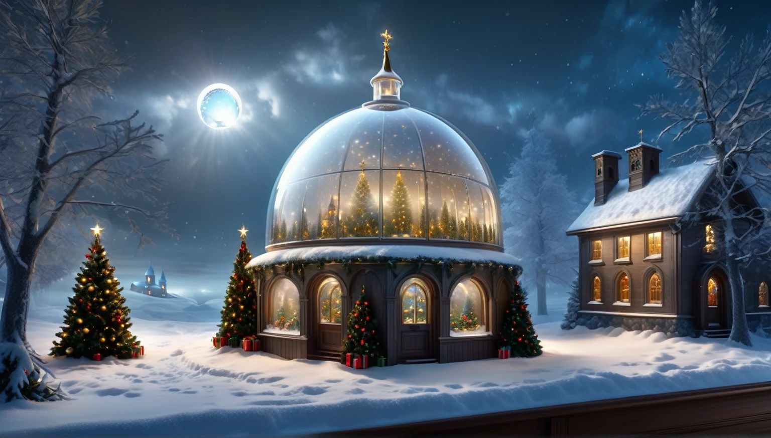 Christmas scene with church and fir trees in the snow, Snow globe, Snow globe, Glass Dome, snowy winter Christmas night, Alexander Gerimsky, background image, Glass Domes, under Glass Dome, Fantasy winter scene, Alexander Kucharsky, Christmas night, HD wallpaper, hyperrealistic