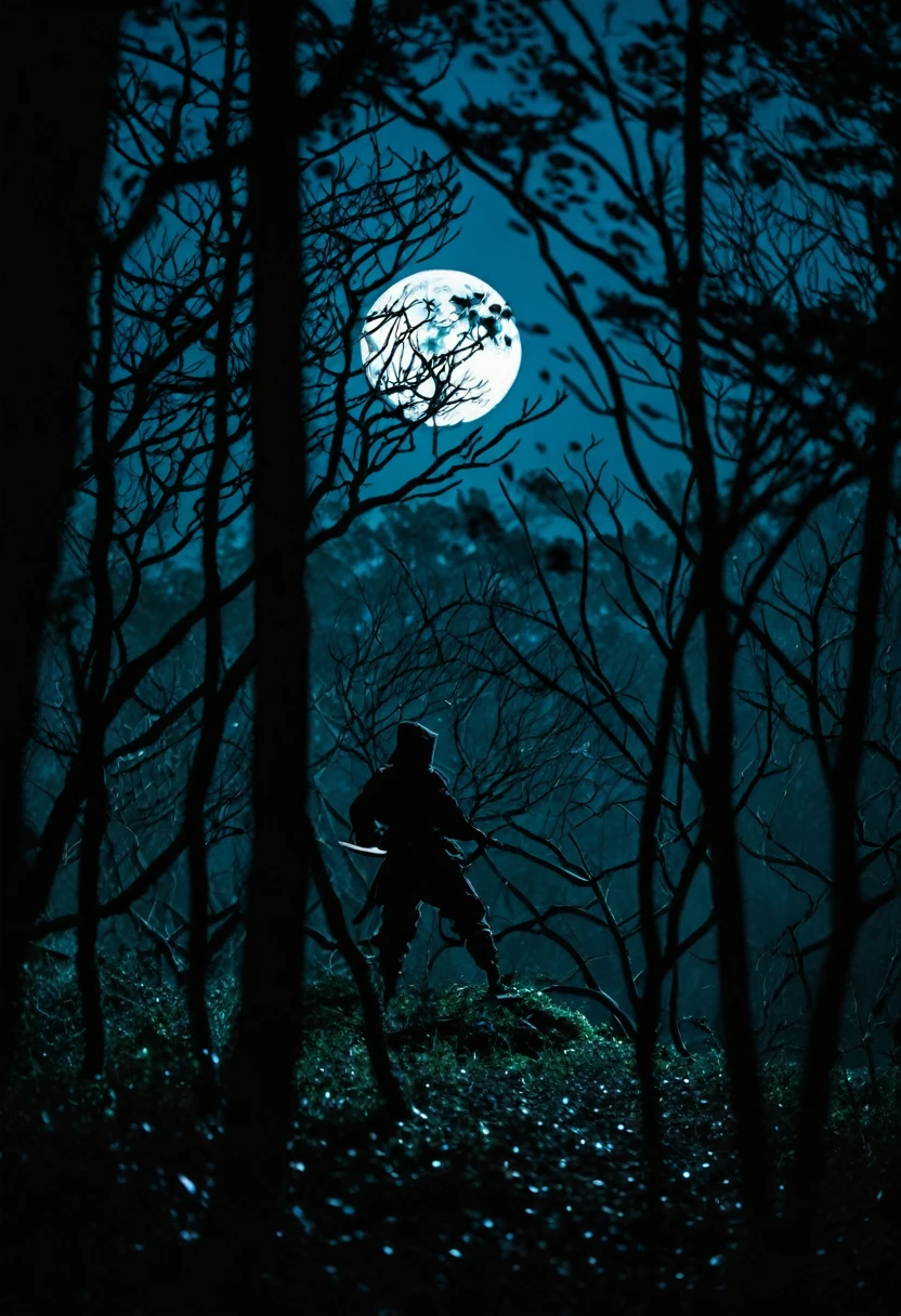/imagine prompt: A skilled ninja peering through the trees on a moonlit night, obscured by the shadows but alert and focused, surrounded by a dark forest under the light of the full moon, creating a sense of mystery and intrigue. Captured with a Nikon D850, 35mm lens, in a landscape orientation. --style raw --chaos 30 --stylize 100 --weird 500 --quality 25 --v 6