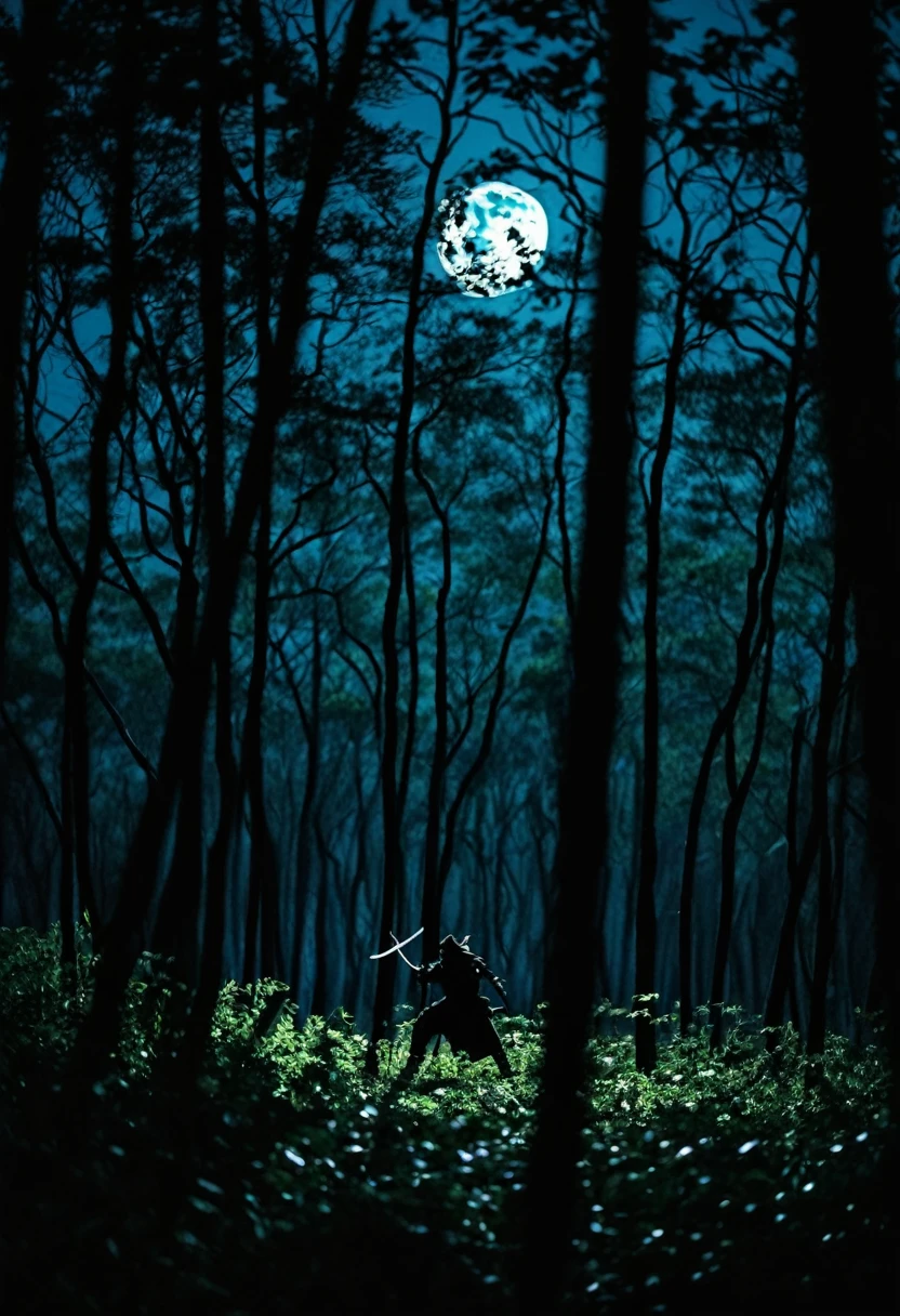 /imagine prompt: A skilled ninja peering through the trees on a moonlit night, obscured by the shadows but alert and focused, surrounded by a dark forest under the light of the full moon, creating a sense of mystery and intrigue. Captured with a Nikon D850, 35mm lens, in a landscape orientation. --style raw --chaos 30 --stylize 100 --weird 500 --quality 25 --v 6