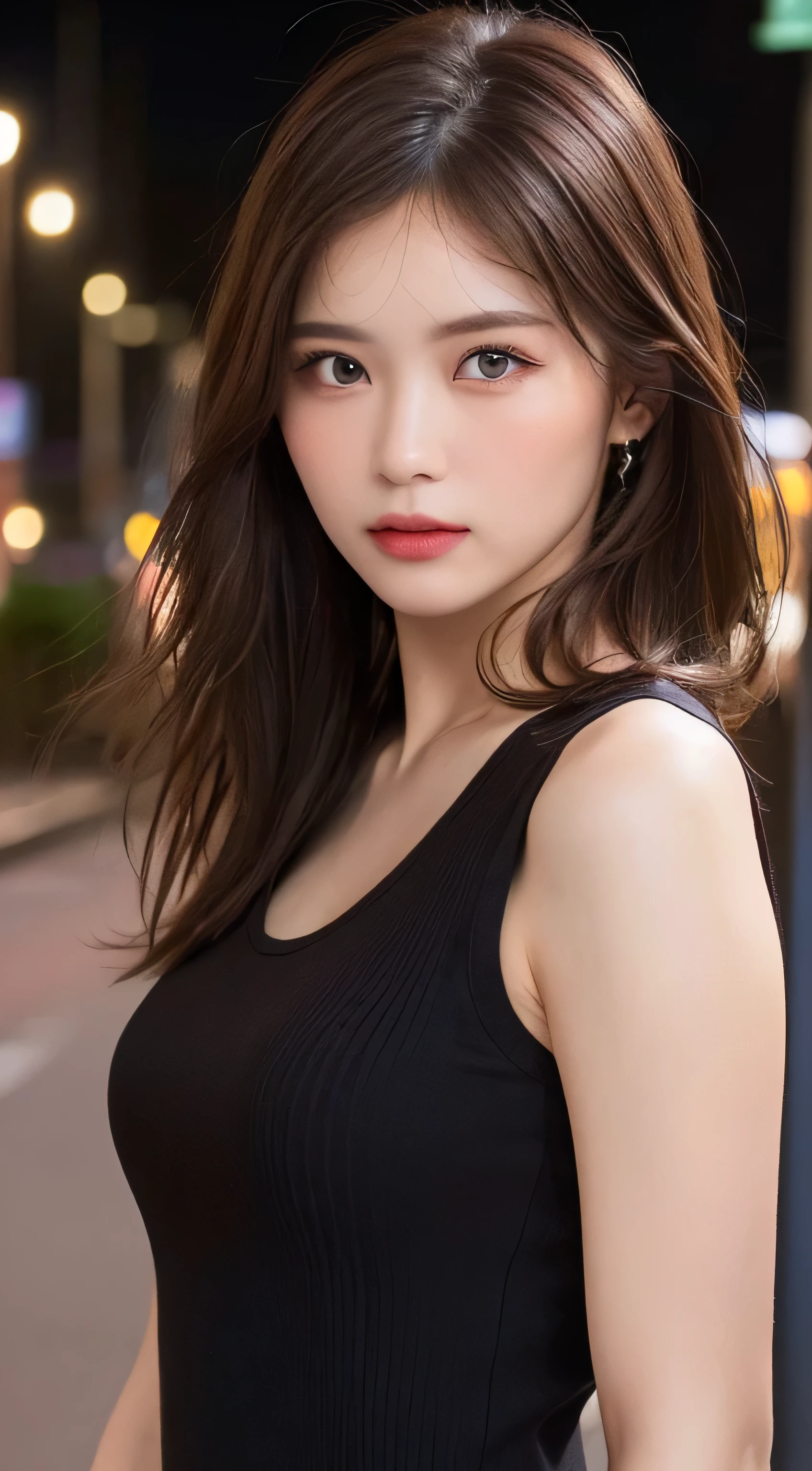 ((Highest quality, 8K, masterpiece: 1.3)), whole body, focus on: 1.2, Outstanding beauty: 1.4, Slim Abs: 1.2, (((Brown Hair, big: 1.2)), Tank top dress: 1.1, (City of night, street: 1.1), Highly detailed face and skin texture, Fine grain, double eyelid