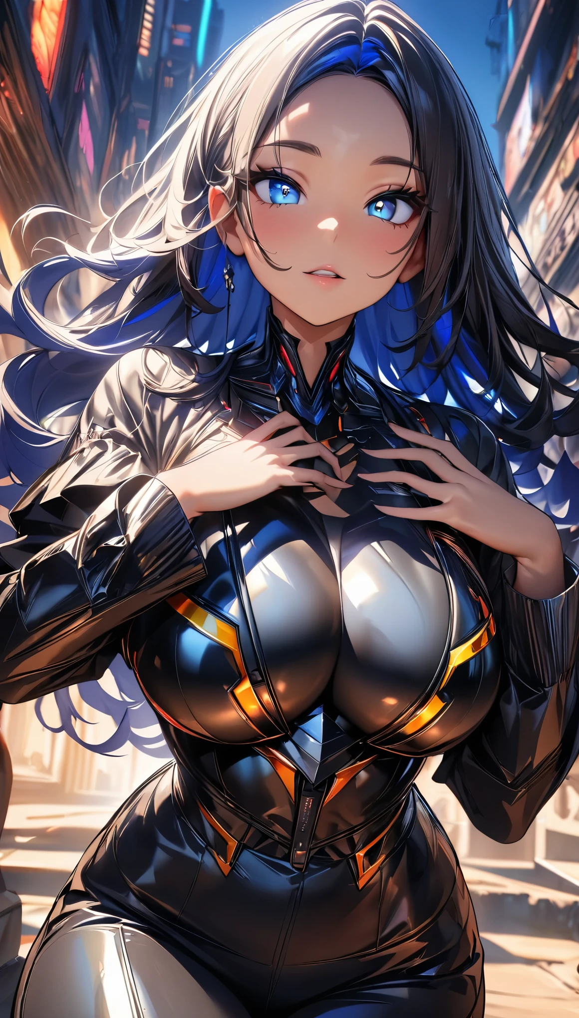 (Highest quality:1.2, Very detailed, Latest, Vibrant, Ultra-high resolution, High Contrast, masterpiece:1.2, Highest quality, Best aesthetics), (((1 Girl))), Highest quality, High detail, 4K, human, Robot Girl, Android Face(Metal), steel & Titanium Leather, Beautiful Face, Cybernetic Eyes(Hard Eye Circle, Clear pupils), One girl, formal, Perfect hands(Five fingers), Long Hair, , Bionic Armor, masterpieceボディ, Beautiful Hair, Shiny Hair, Beautiful Skin, Detailed face and eyes, Glossy Lips, Curvy Women, Dynamic Angle, Friendly atmosphere,