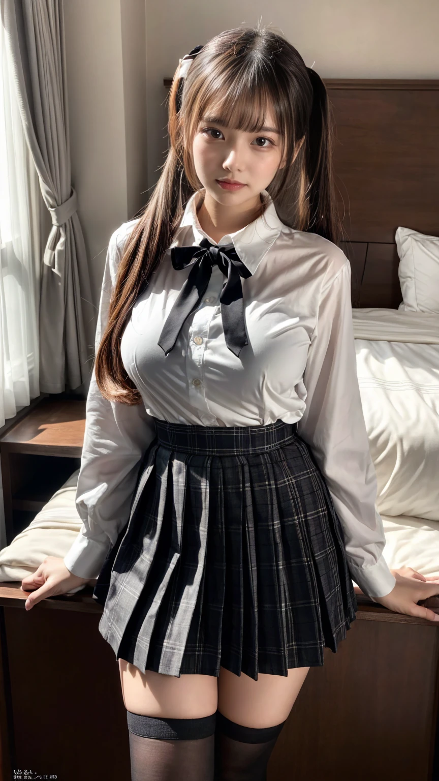 (8K, RAW Photos, Highest quality, masterpiece:1.2), (professional photography, full colors, studio-caliber color grading), (Gravure quality for high-end fashion magazines), BREAK,18 year old girl, (fluffy ponytail:1.2), Big Natural Color Lip, Plumpy body, (smooth skin:1.1), huge breasts, BREAK, (collared shirt:1.1), pleated skirt, knee high socks, BREAK, hotel room, cute , lolita