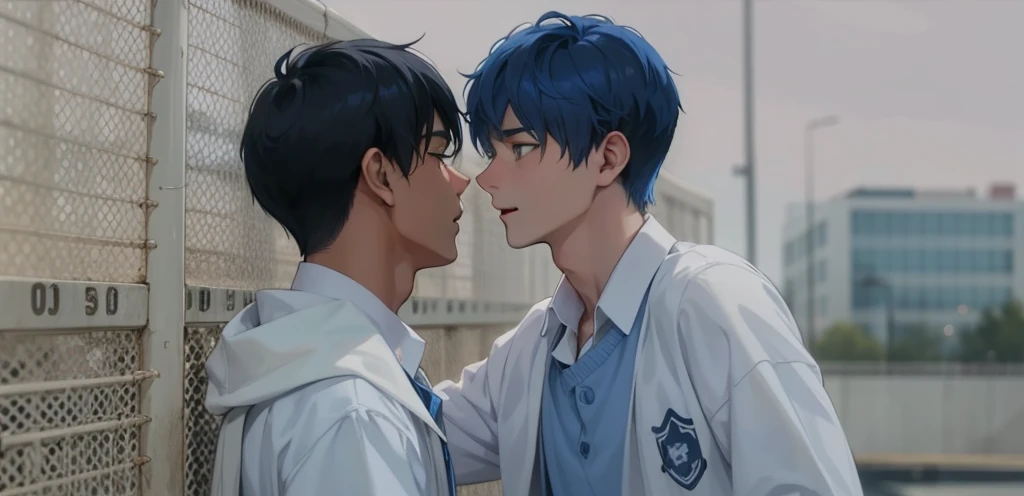 two young men in white school shirts with blue hair approach each other and look into each other's eyes, one of them speaks seriously