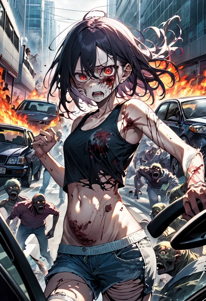 woman,spats,belly button,Tank top,slender,run away,Clothes are torn,Covered in scars,fear,Watery eye,Being chased by a horde of zombies,End of the World,Defects in the body,Expressway,traffic jam,Car accident,fire