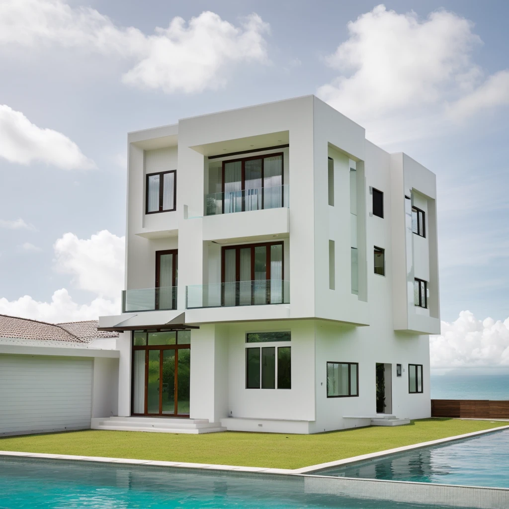 Modern style house exterior, modernism, glass doors and windows, daytime, with swimming pool, beautiful landscape, coconut trees, conwood ceiling, masterpiece, high quality, photo realistic, canon eos 5D mark, natural light,