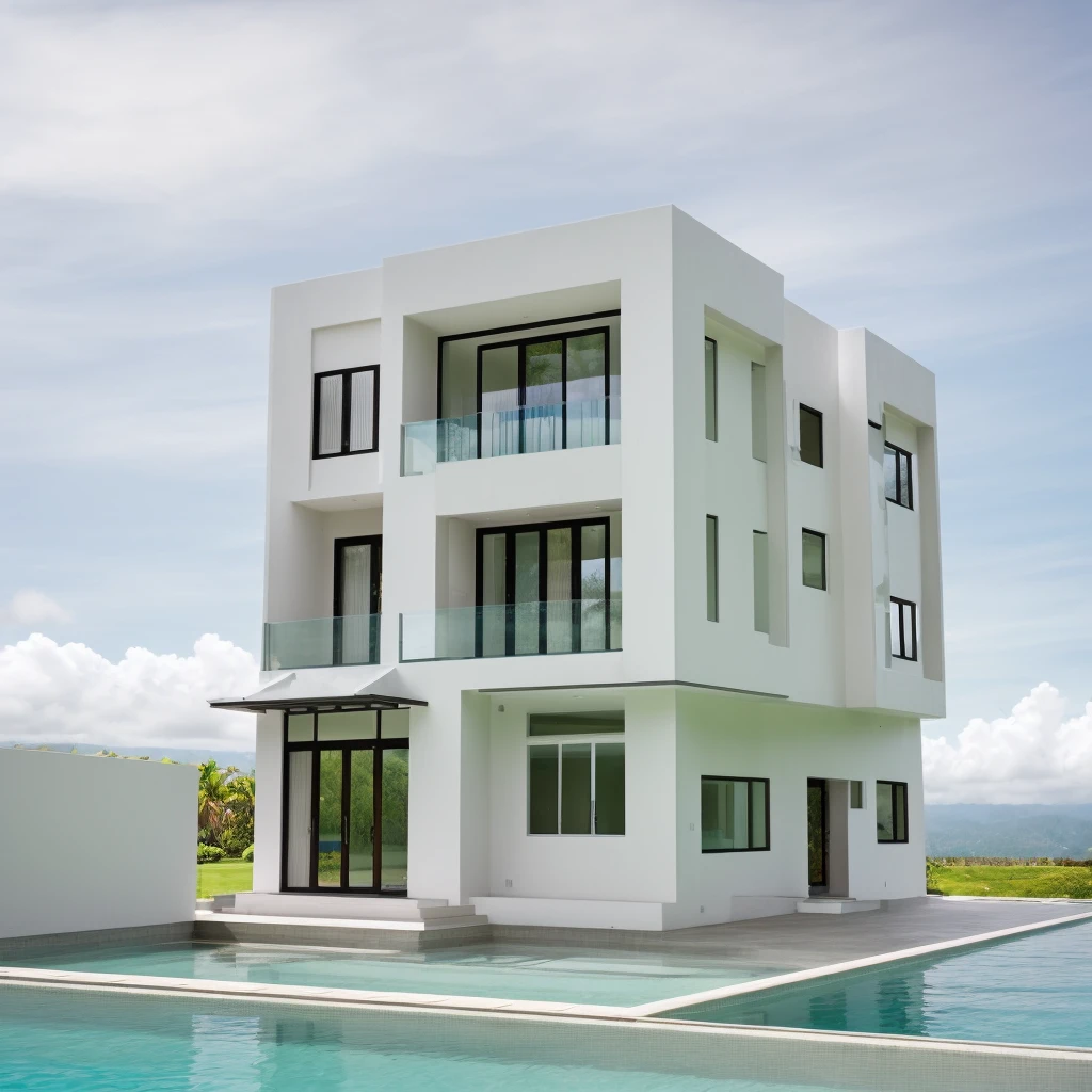 Modern style house exterior, modernism, glass doors and windows, daytime, with swimming pool, beautiful landscape, coconut trees, conwood ceiling, masterpiece, high quality, photo realistic, canon eos 5D mark, natural light,