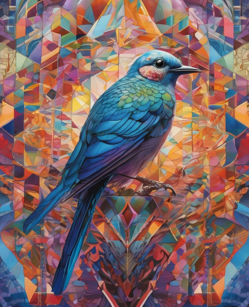 A bird in perfect geometric harmony, An exquisite and highly detailed piece by Android Jones, Emily Kell, Lost Draw, Andre Wallan, Song Choi, Fluid paint and oil splashes artistic painting fantasy art, album cover art, Incredible depth, Perfect Proportions, High resolution, 8K resolution, Perfectly balanced style, Strong light, Calm colors,Direct Engineering Chief&#39;Superb masterpiece