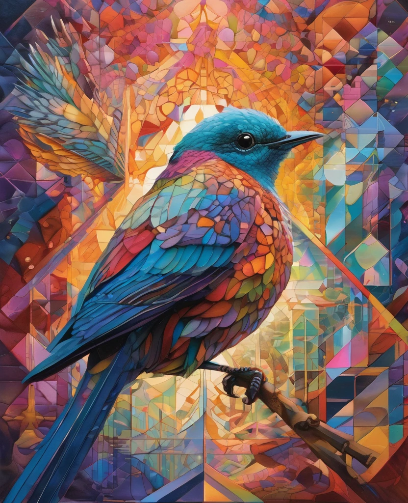 A bird in perfect geometric harmony, An exquisite and highly detailed piece by Android Jones, Emily Kell, Lost Draw, Andre Wallan, Song Choi, Fluid paint and oil splashes artistic painting fantasy art, album cover art, Incredible depth, Perfect Proportions, High resolution, 8K resolution, Perfectly balanced style, Strong light, Calm colors,Direct Engineering Chief'Superb masterpiece
