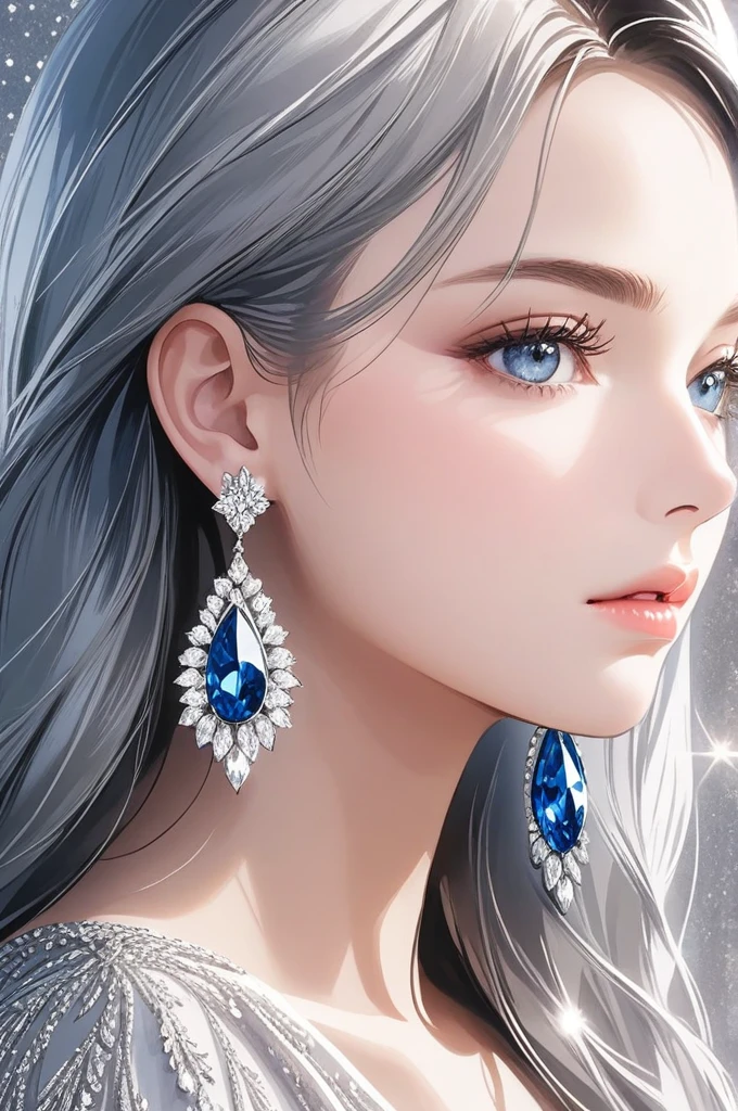 (masterpiece, best quality), intricate details, realistic, photorealistic, a close up of a woman wearing earrings, inspired by Emma Andijewska, draped in crystals, silver color, long earrings, sandra chevier, huge earrings, 2019, blue-eyed, platinum jewellery, earring, flawless structure, silver earring,  