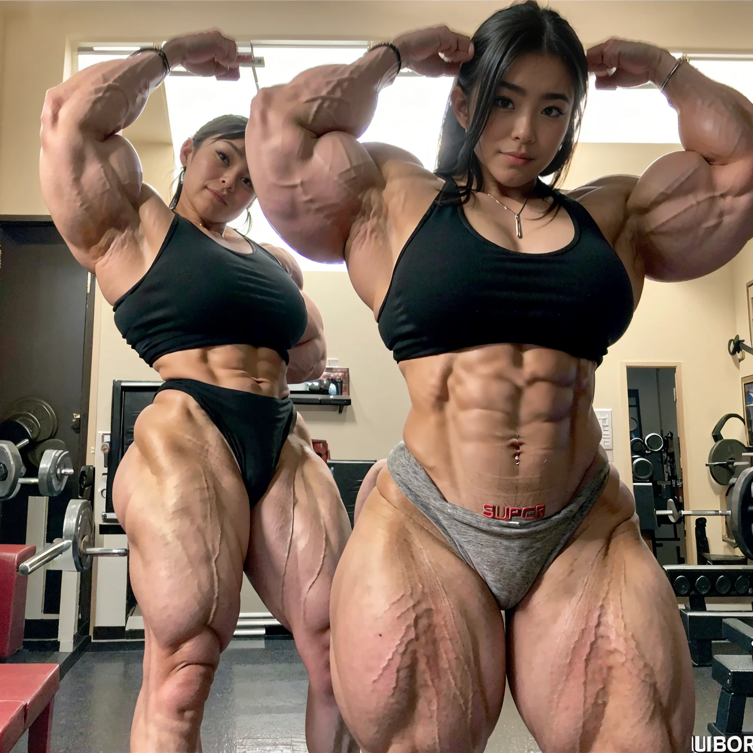 8K、Highest quaLity、Highest quaLity、Masterpiece、High resolution、vivid、Bright lighting、Full body photo、(((One woman)))、Japanese women、Japanese Beautiful Girl、Japanese beauty、Small face、Huge body、(tall)、D、(((huge muscle)))、(((Bodybuilder)))、(((Female Bodybuilder)))、(((Super huge muscles)))、(((Unbelievably huge pectoral muscles)))、(((Backup)))、(((female muscle)))