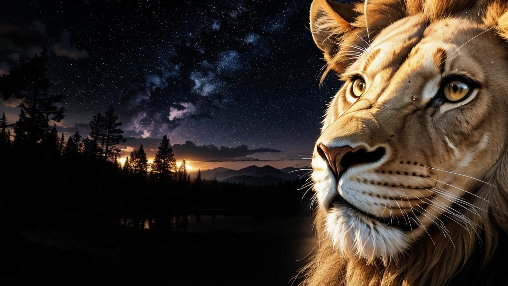 Lion, Divine Lion, naturals, naturals, ferocious, masculine, mighty, golden lion, Powerful Lion, Beautiful nature, Great Realistic Lion, FullHD 8K, Sky ligh, Sunset Night, Ligh Sky Sun, Balck Golden, black andwhite, black and gold, detailed realistic face, 8K Detailed Realistic White Lion, Ultrarealistic 8k |, Energia de thunder realista detalhada, Strong Creature realista detalhada, Strong Creature, Lion macho, Rendering, Fotorrealista 8K, UltraHD Alta definição 8K, Detailed Realistic 16K, Nitidez Fotorrealista 8K, 16K photorealistic textures, Contraste Fotorrealista 8K, Sombras Fotorrealistas 8K, Luzes Fotorrealistas 8K, Detailed realistic sunset, Detailed Realistic Lion Face, Detailed realistic light, detailed textures, thunder, detailed shadows, detailed colors, Celestial Electricity, Golden thunder, Lion realista, Ultra Realistic 16K, Realistic 16K, Realistic 16K sharpness, 16K photorealistic textures, 16K realistic colors, powerful creature, Majestic power, Power of Heaven, Great Divine, detailed contrast, realistic contrast, high resolution, detailed colors, fire, villany, divine creature, 8K, realistic detailed, 16K, 8K, High definition, detailed contrast, realistic contrast, high resolution, detailed colors, fire, villany, divine creature, realistic detailed, posh, chic