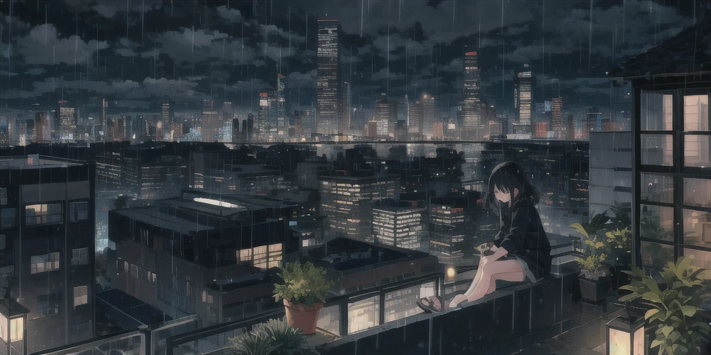 (1 girl, alone, Black_hair), building, City, Cityscape, cloud, cloudy_Sky, grey_Sky, Keep, house, outdoor, Gray, plant, Potted plants_plant, rain, roof, sandals, landscape, sitting, Sky, Skyscraper, alone, tree, dim, (night),