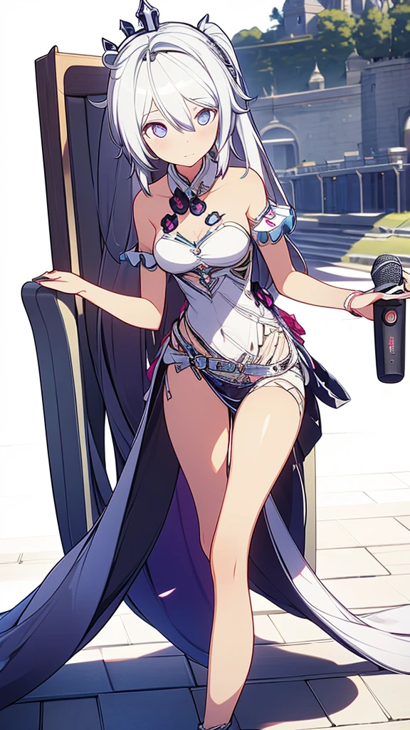 One Girl, hatsune miku, Princess Costume, crown, Money, ((Throne)), Inside the castle, middle ages, Wearing a blue vest, Put one foot on the ground, The calf of the other leg was pointing outwards., hold the microphone with one hand, The other hand beeps across the eye., White Background