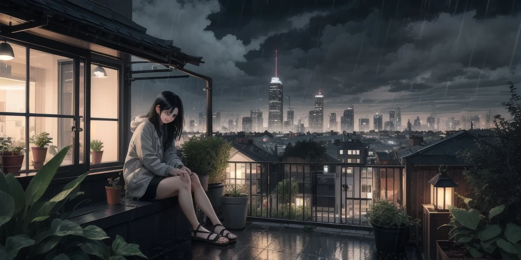 (1 girl, alone, Black_hair), building, City, Cityscape, cloud, cloudy_Sky, grey_Sky, Keep, house, outdoor, Gray, plant, Potted plants_plant, rain, roof, sandals, landscape, sitting, Sky, Skyscraper, alone, tree, dim, (night), 