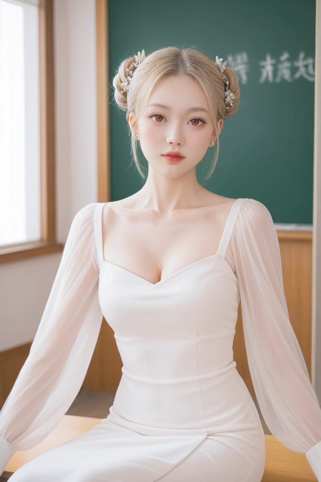 Hyperrealistic photograph,score_9, score_8_up, score_7_up, BREAK,
In a masterpiece setting, a single lady is depicted in a traditional Chinese classroom during the day. She is sitting, dressed in an elegant, flowing Chinese-style gown, with her blonde hair styled in twin tails and striking red eyes. Her collarbone is subtly exposed, and she has a fair complexion. The image captures her in a moment of tranquility, with her attire subtly revealing her graceful posture, adding a unique and bold element to the composition.