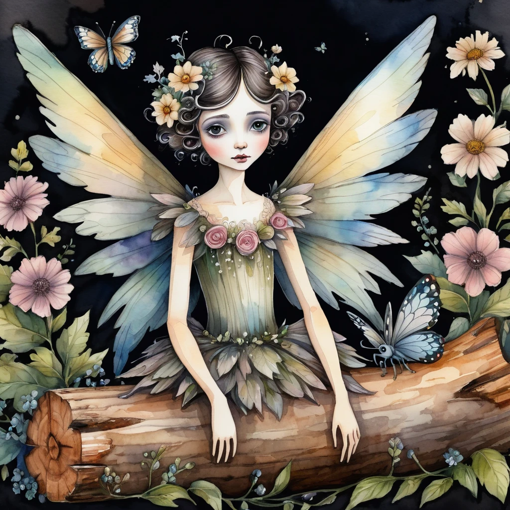 A Big wings fairy, and a wooden boy (wood and log human figure),barroque victorian illustration, soft colors, watercolor, by tim Burton and Bezinski, frontal view portrait. Close up, on a dark background of flowers