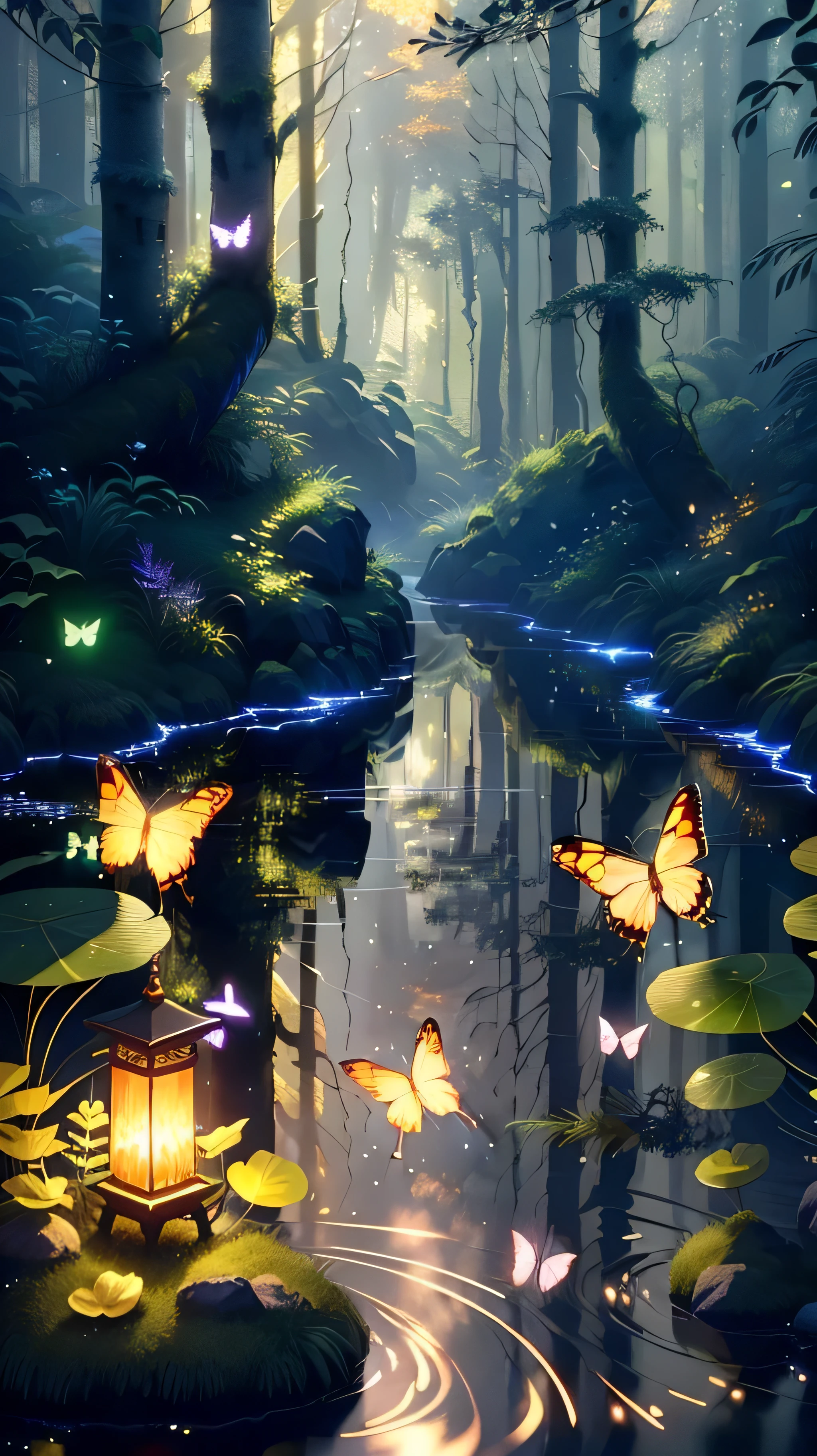 A masterpiece, the best quality, stunning reflections, the best reflections ever. (very detailed CG unity 8k wallpapers), (best quality), (best illustrations), (best shadows), forest theme with natural elements. Tall trees, quiet streams, small glowing mushrooms surrounded by delicate leaves and branches, with fireflies and glowing particle effects,, (natural elements), (jungle theme), (leaves), (twigs), (fireflies), butterflies, (delicate leaves), (glow), (particle effects). , Isometric 3D, Octane Rendering, Ray Traced, Super Detailed