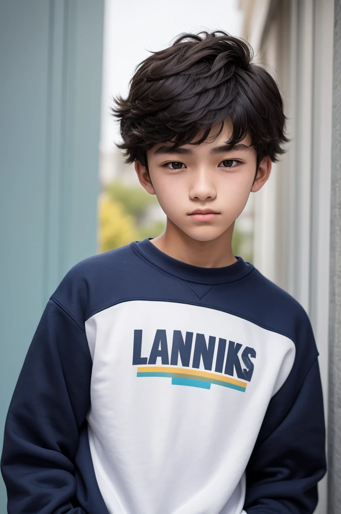 16-year-old young man with fair skin wearing a sweatshirt and a shirt underneath with the name onliink printed on the shirt