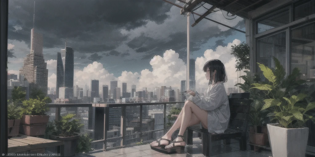 (1 girl, alone, Black_hair), building, City, Cityscape, cloud, cloudy_Sky, grey_Sky, Keep, house, outdoor, Gray, plant, Potted plants_plant, rain, roof, sandals, landscape, sitting, Sky, Skyscraper, alone, tree, dim, (night),