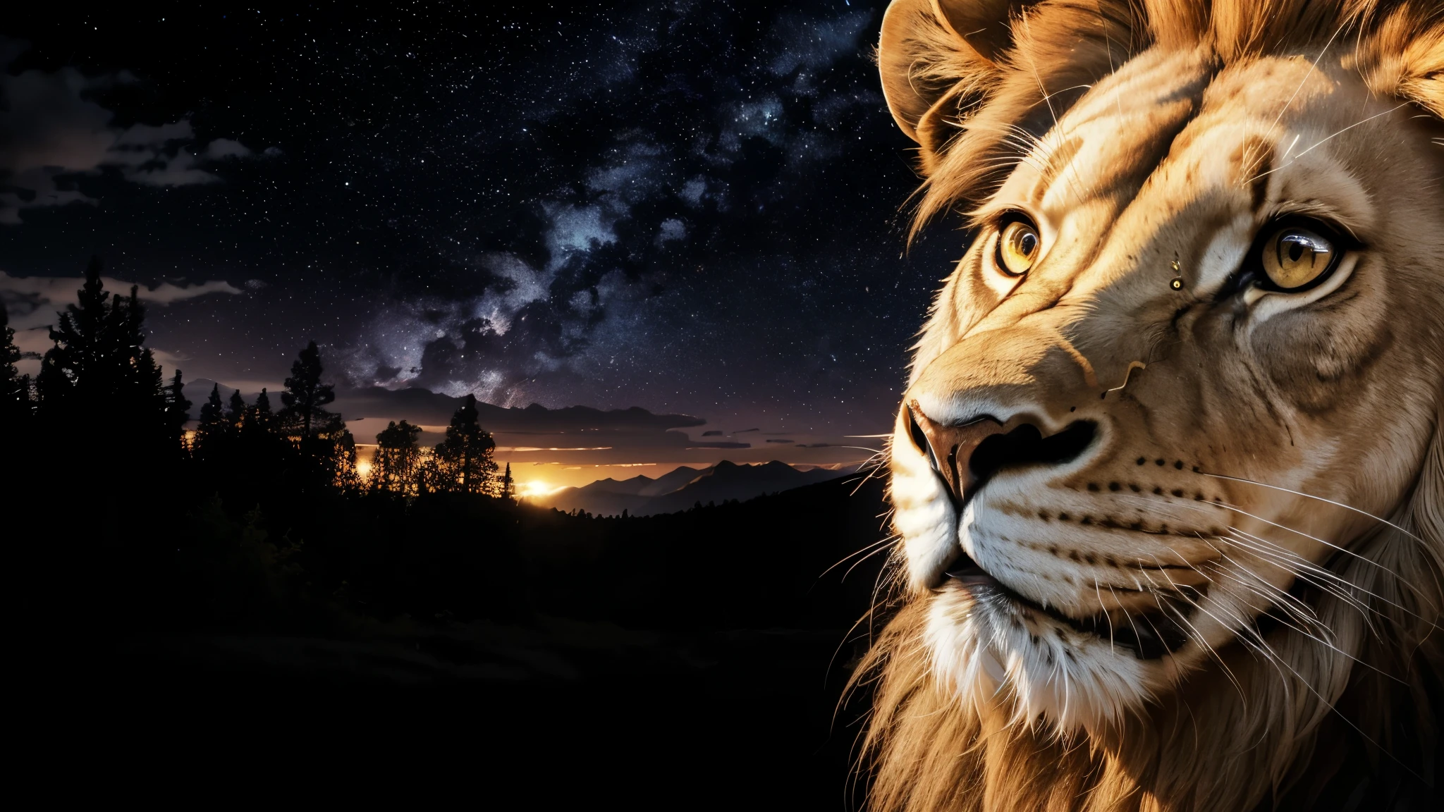 Lion, Divine Lion, naturals, naturals, ferocious, masculine, mighty, golden lion, Powerful Lion, Beautiful nature, Great Realistic Lion, FullHD 8K, Sky ligh, Sunset Night, Ligh Sky Sun, Balck Golden, black andwhite, black and gold, detailed realistic face, 8K Detailed Realistic White Lion, Ultrarealistic 8k |, Energia de thunder realista detalhada, Strong Creature realista detalhada, Strong Creature, Lion macho, Rendering, Fotorrealista 8K, UltraHD Alta definição 8K, Detailed Realistic 16K, Nitidez Fotorrealista 8K, 16K photorealistic textures, Contraste Fotorrealista 8K, Sombras Fotorrealistas 8K, Luzes Fotorrealistas 8K, Detailed realistic sunset, Detailed Realistic Lion Face, Detailed realistic light, detailed textures, thunder, detailed shadows, detailed colors, Celestial Electricity, Golden thunder, Lion realista, Ultra Realistic 16K, Realistic 16K, Realistic 16K sharpness, 16K photorealistic textures, 16K realistic colors, powerful creature, Majestic power, Power of Heaven, Great Divine, detailed contrast, realistic contrast, high resolution, detailed colors, fire, villany, divine creature, 8K, realistic detailed, 16K, 8K, High definition, detailed contrast, realistic contrast, high resolution, detailed colors, fire, villany, divine creature, realistic detailed, posh, chic