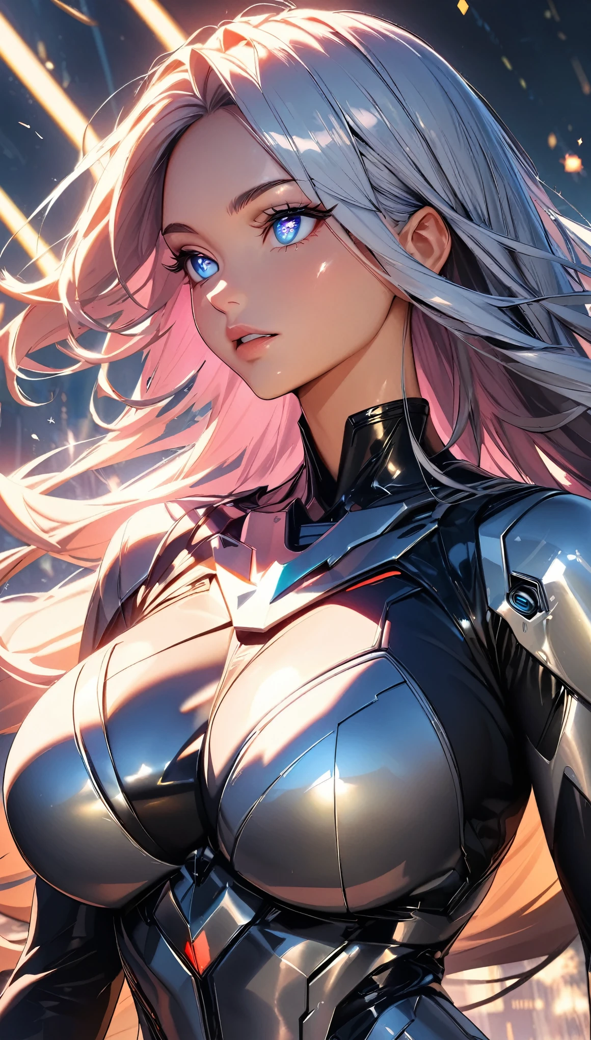 (1 Girl), Long Hair, Big Breasts, Bionic Armor, Green and black metal suit, Robot Girl, steel & Titanium Leather, metal texture, Beautiful Face, Cybernetic Eyes, Clear pupils, Sparkle in the eyes, Perfect hands(Five fingers), perfect body, Beautiful Hair, Shiny Hair, Beautiful Skin, Detailed face and eyes, Glossy Lips, Curvy Women, Dynamic Angle, Friendly atmosphere, Very detailed, Cinematic, dramatic, powerful, strong, (Highest quality:1.2, Very detailed, Latest, Vibrant, Ultra-high resolution, High Detail, High Contrast, masterpiece:1.2, Highest quality, Best aesthetics)