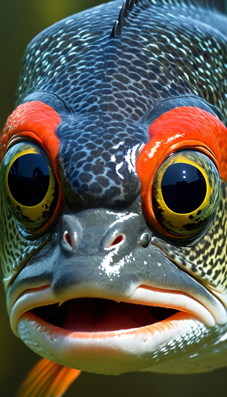 Panorama,河里有一种Mysterious Creatures:Red fish body,Fish head looks like a human face,Mysterious Creatures, shrike, (best quality,4K,8K,High level,masterpiece:1.2),Ultra Detailed,(lifelike,Photo real,Photo real:1.37),Highly detailed animals,Complex patterns,Realistic lighting,Fantasy Creatures