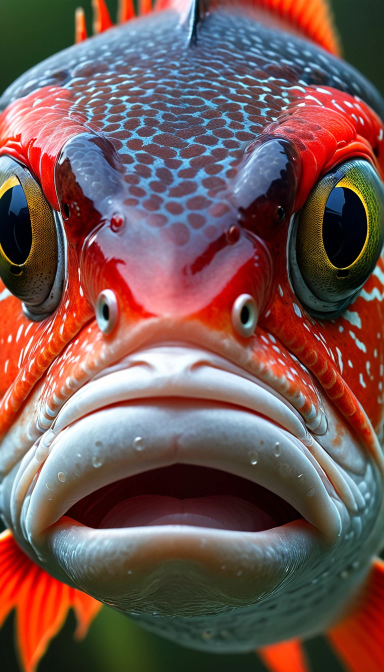Panorama,河里有一种Mysterious Creatures:Red fish body,Fish head looks like a human face,Mysterious Creatures, shrike, (best quality,4K,8K,High level,masterpiece:1.2),Ultra Detailed,(lifelike,Photo real,Photo real:1.37),Highly detailed animals,Complex patterns,Realistic lighting,Fantasy Creatures