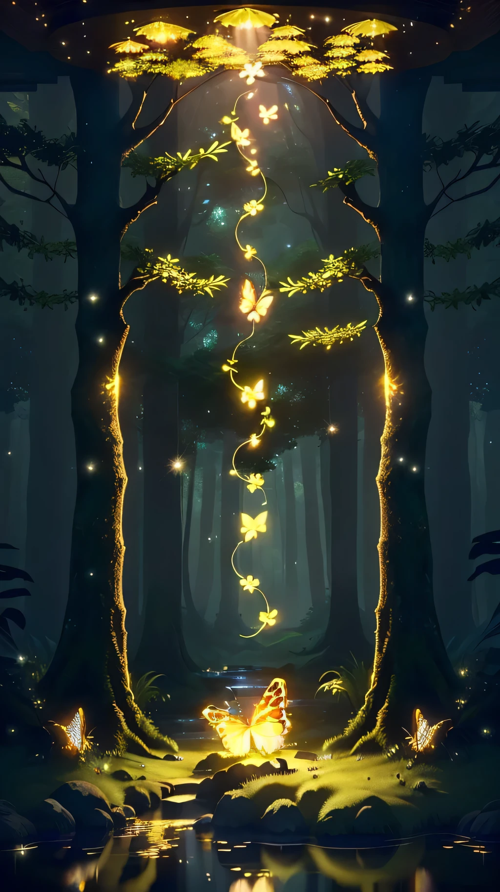 A masterpiece, the best quality, stunning reflections, the best reflections ever. (very detailed CG unity 8k wallpapers), (best quality), (best illustrations), (best shadows), forest theme with natural elements. Tall trees, quiet streams, small glowing mushrooms surrounded by delicate leaves and branches, with fireflies and glowing particle effects,, (natural elements), (jungle theme), (leaves), (twigs), (fireflies), butterflies, (delicate leaves), (glow), (particle effects). , Isometric 3D, Octane Rendering, Ray Traced, Super Detailed
