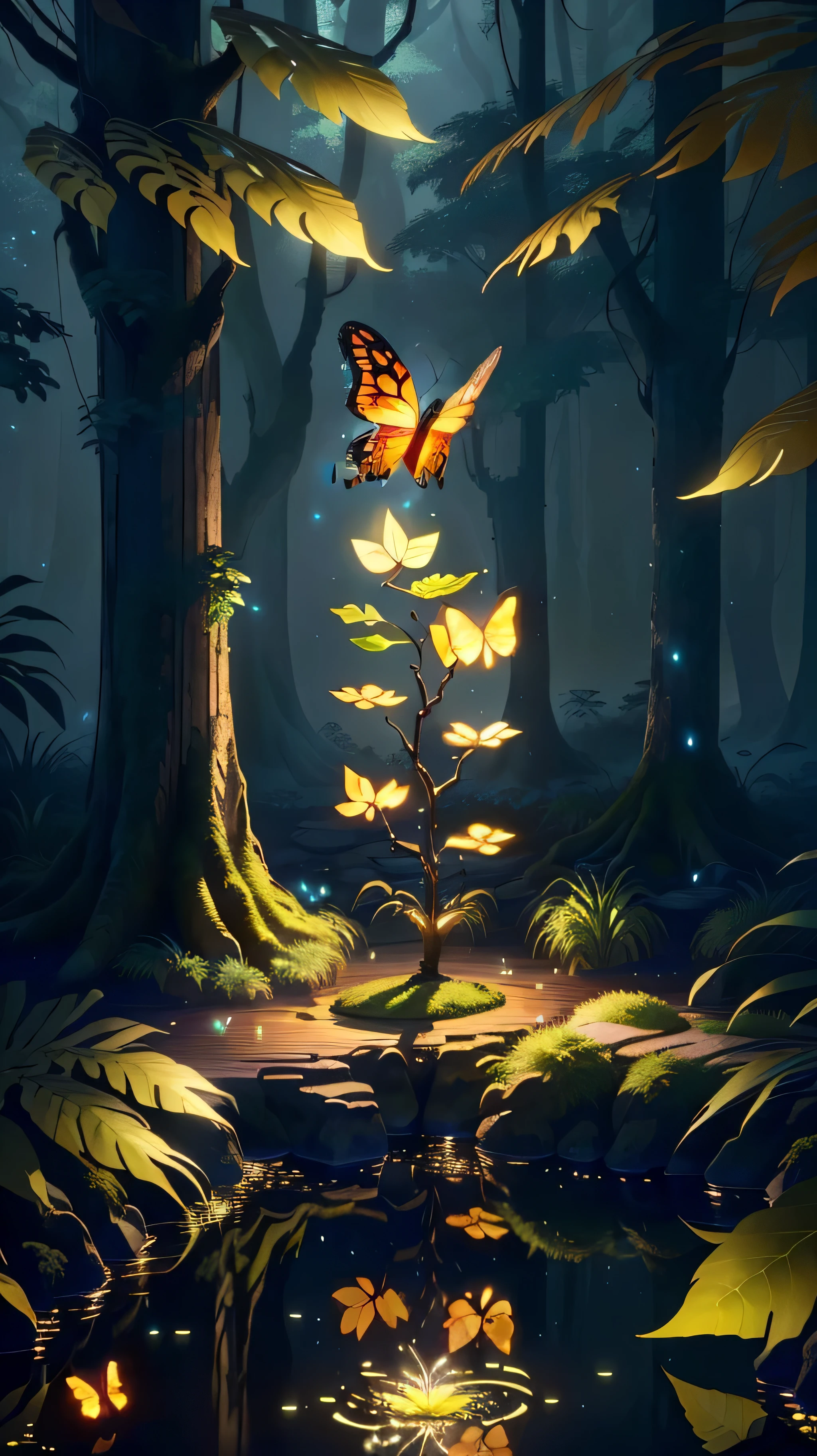 A masterpiece, the best quality, stunning reflections, the best reflections ever. (very detailed CG unity 8k wallpapers), (best quality), (best illustrations), (best shadows), forest theme with natural elements. Tall trees, quiet streams, small glowing mushrooms surrounded by delicate leaves and branches, with fireflies and glowing particle effects,, (natural elements), (jungle theme), (leaves), (twigs), (fireflies), butterflies, (delicate leaves), (glow), (particle effects). , Isometric 3D, Octane Rendering, Ray Traced, Super Detailed