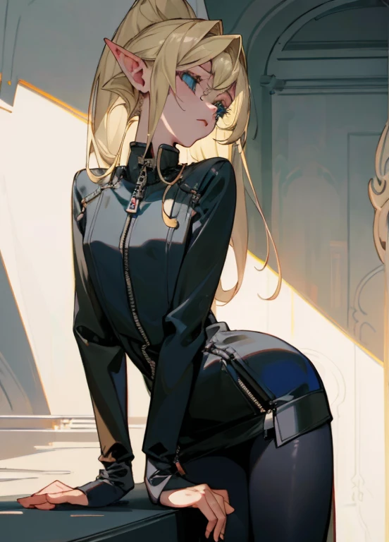 (masterpiece, best quality) detailed, 1character , blue archive art style , Wearing black tights, silver accessories , zip up , futuristic, shining , beautiful woman ,blonde ,elegant, rich man , , pointed ears , long eyelashes , 23 years old,
, Soft faded color , Cell shadowing ,