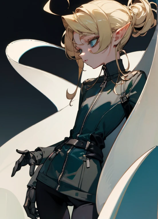 (masterpiece, best quality) detailed, 1character , blue archive art style , Wearing black tights, silver accessories , zip up , futuristic, shining , beautiful woman ,blonde ,elegant, rich man , , pointed ears , long eyelashes , 23 years old,
 , Soft faded color , Cell shadowing ,