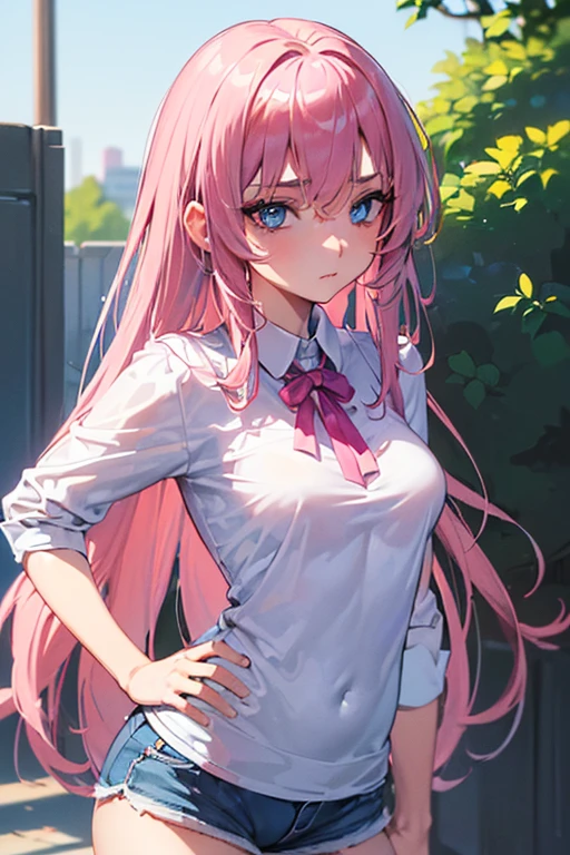 (((32k))), (((best qualityer))), (((face detailed))),(((defined body))), (((Kizi))),(((18 years old))),(((medium breasts 2))), (((blue colored eyes))),  white  shirt, shorts,(((dainty))), (((long pink hair, Loose)))