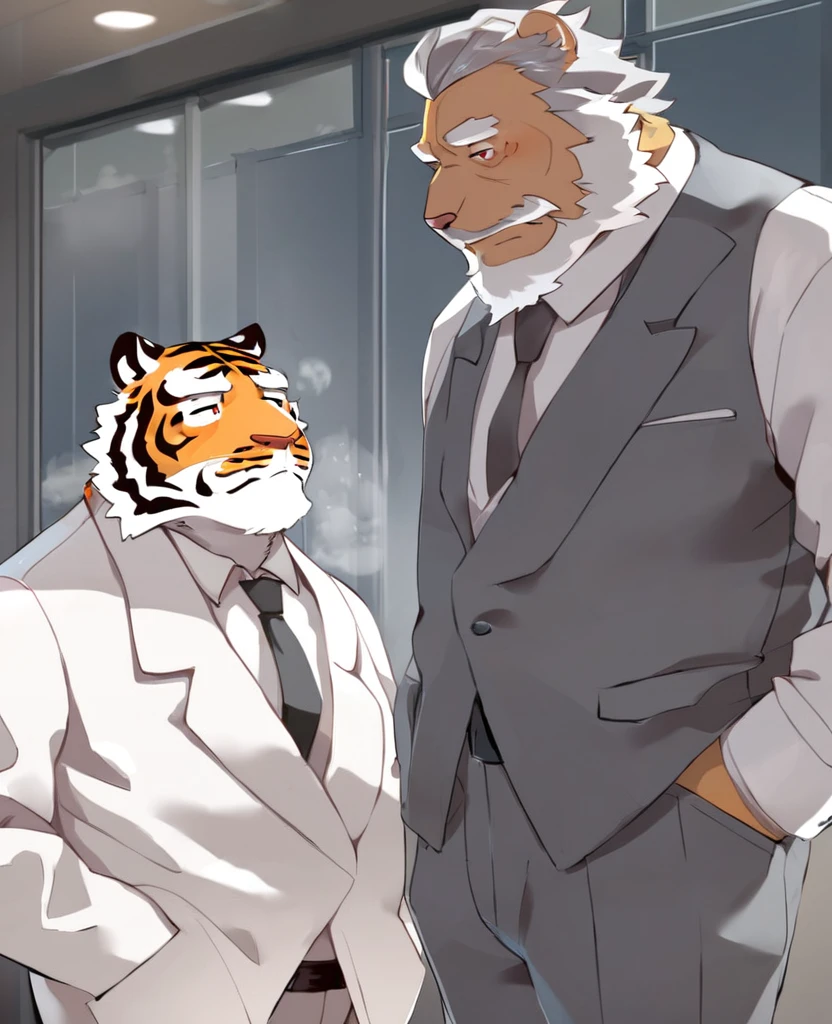 A tiger,personification,Mature male,grandfather,Gray hair,naked,Sleepy expression,Red pupil,White eyebrows,White beard,White suit suit,Hands in pockets,The Age of Steam,office。