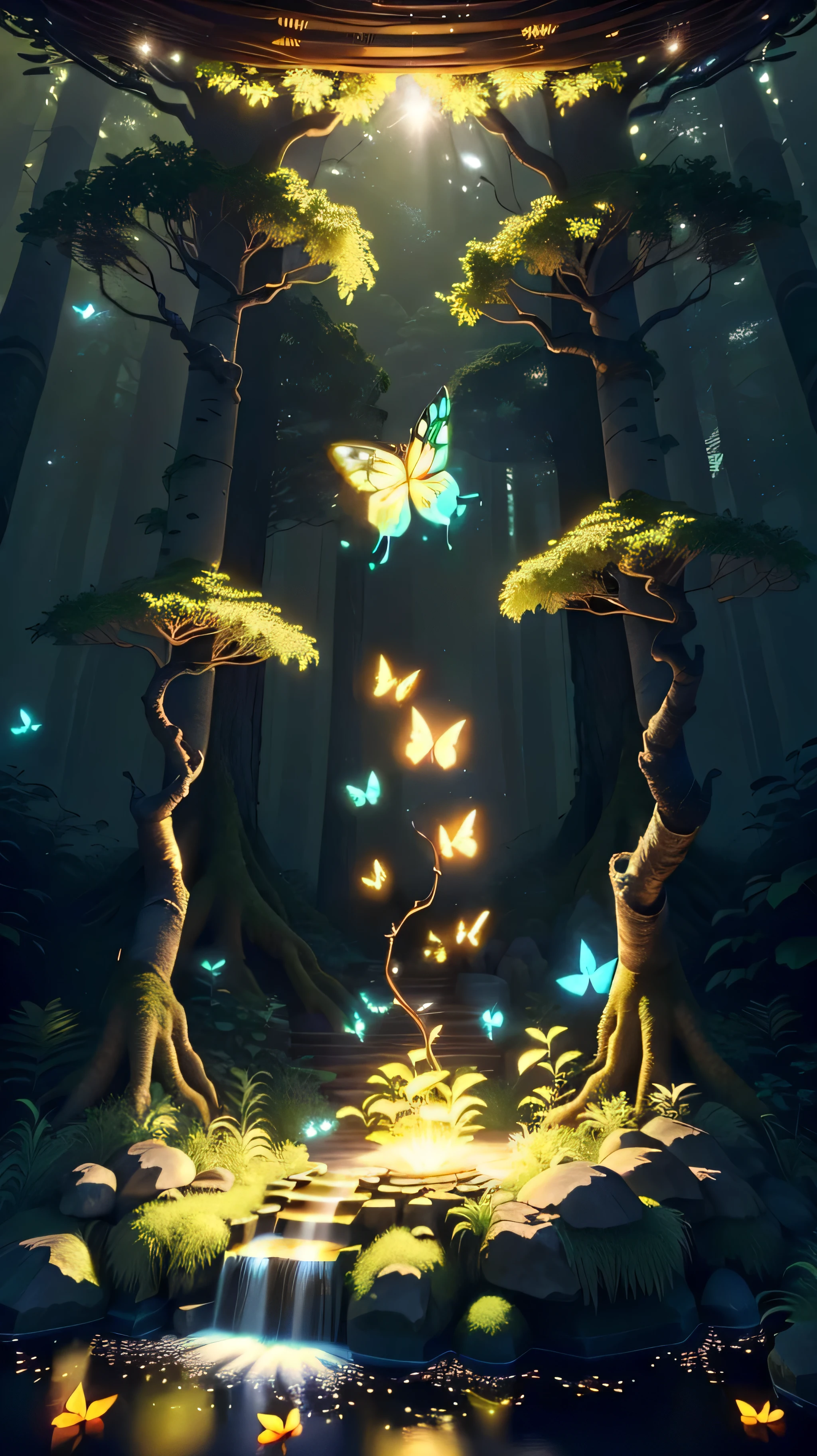 A masterpiece, the best quality, stunning reflections, the best reflections ever. (very detailed CG unity 8k wallpapers), (best quality), (best illustrations), (best shadows), forest theme with natural elements. Tall trees, quiet streams, small glowing mushrooms surrounded by delicate leaves and branches, with fireflies and glowing particle effects,, (natural elements), (jungle theme), (leaves), (twigs), (fireflies), erflies, (delicate leaves), (glow), (particle effects). , Isometric 3D, Octane Rendering, Ray Traced, Super Detailed