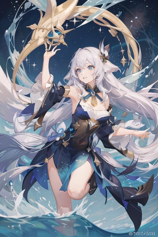 Beautiful woman with long, wavy white hair, golden eyes, surrounded by glittering teal and gold streams of water, fantasy, genshin impact anime style, gorgeous and bright