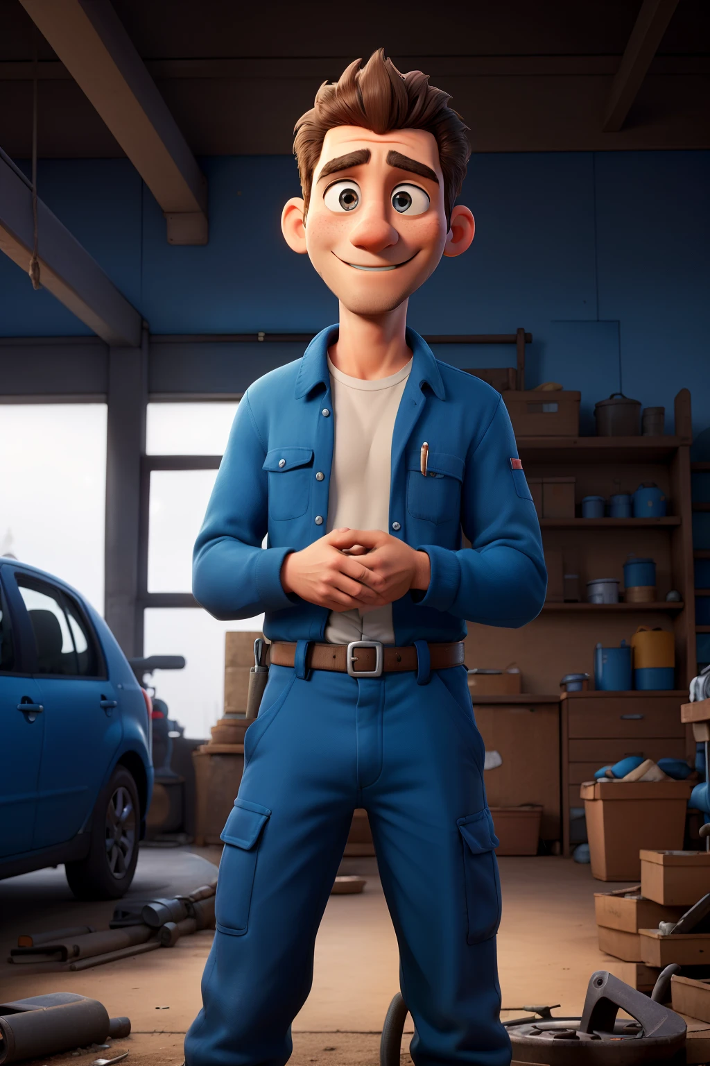 ((best qualityer)), (horizontal image) DIRTY SMILING MECHANIC FIXING CAR IN WORKSHOP, Blue tones

