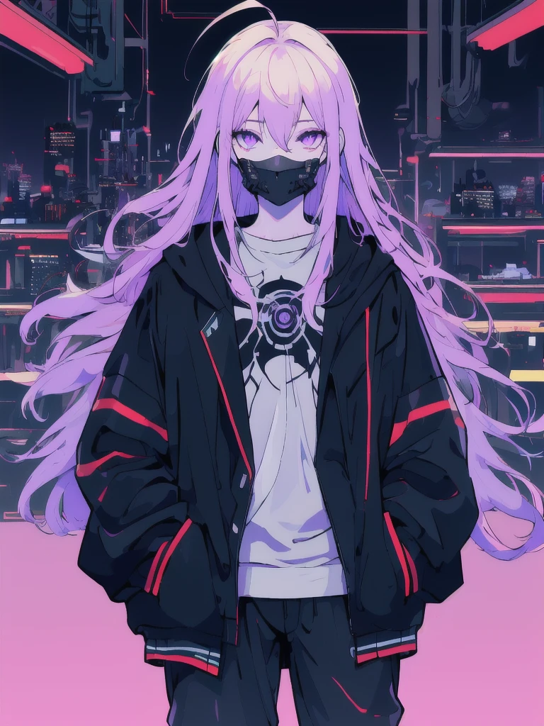 ((masterpiece)), (best quality), ((highres)), 4K, Detailed, (Ambient Light, Digital Art, Soft Lighting, extremely detailed 8K wallpaper:1.2), BREAK 1girl, solo, pale skin, violet eyes, violet hair, ahoge, (absurdly long hair:1.1), flat chest, cyberpunk scenery, black jacket, pants, shirt, night, hand in pocket, looking at viewer, hair between eyes, expressionless, rtx, neon light, black medical mask