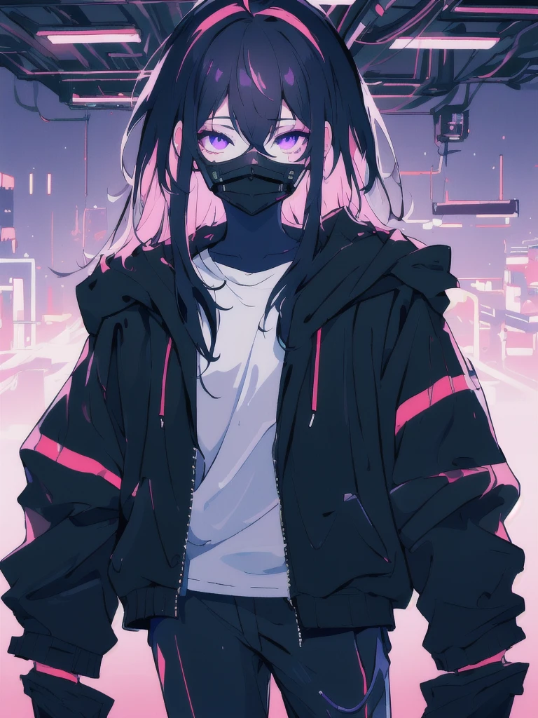 ((masterpiece)), (best quality), ((highres)), 4K, Detailed, (Ambient Light, Digital Art, Soft Lighting, extremely detailed 8K wallpaper:1.2), BREAK 1girl, solo, pale skin, violet eyes, violet hair, ahoge, (absurdly long hair:1.1), flat chest, cyberpunk scenery, black jacket, pants, shirt, night, hand in pocket, looking at viewer, hair between eyes, expressionless, rtx, neon light, black medical mask