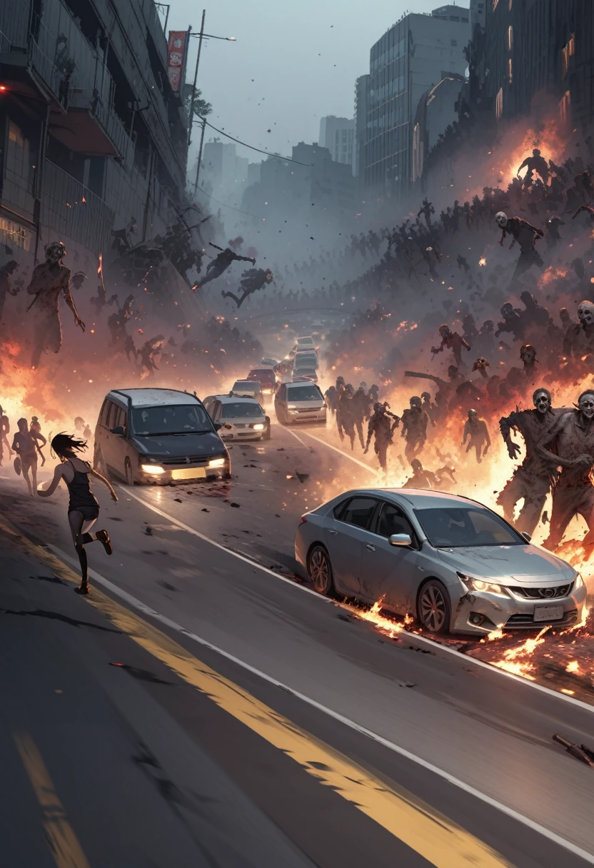 woman,spats,belly button,Tank top,slender,run away,Clothes are torn,Covered in scars,fear,Watery eye,Being chased by a large number of beautiful zombies,End of the World,Defects in the body,Expressway,traffic jam,Car accident,fire