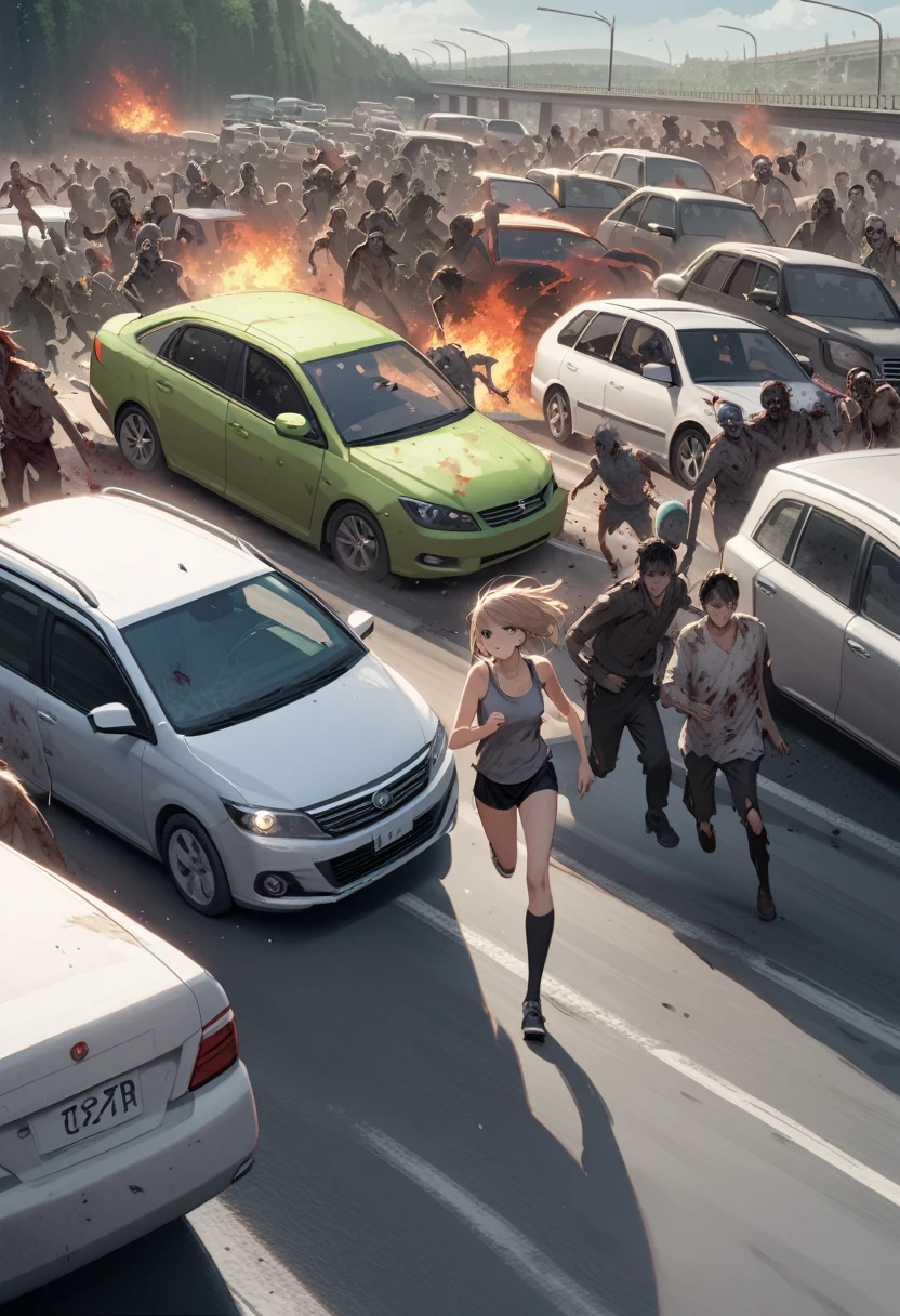 woman,spats,belly button,Tank top,slender,run away,Clothes are torn,Covered in scars,fear,Watery eye,Being chased by a large number of beautiful zombies,End of the World,Defects in the body,Expressway,traffic jam,Car accident,fire