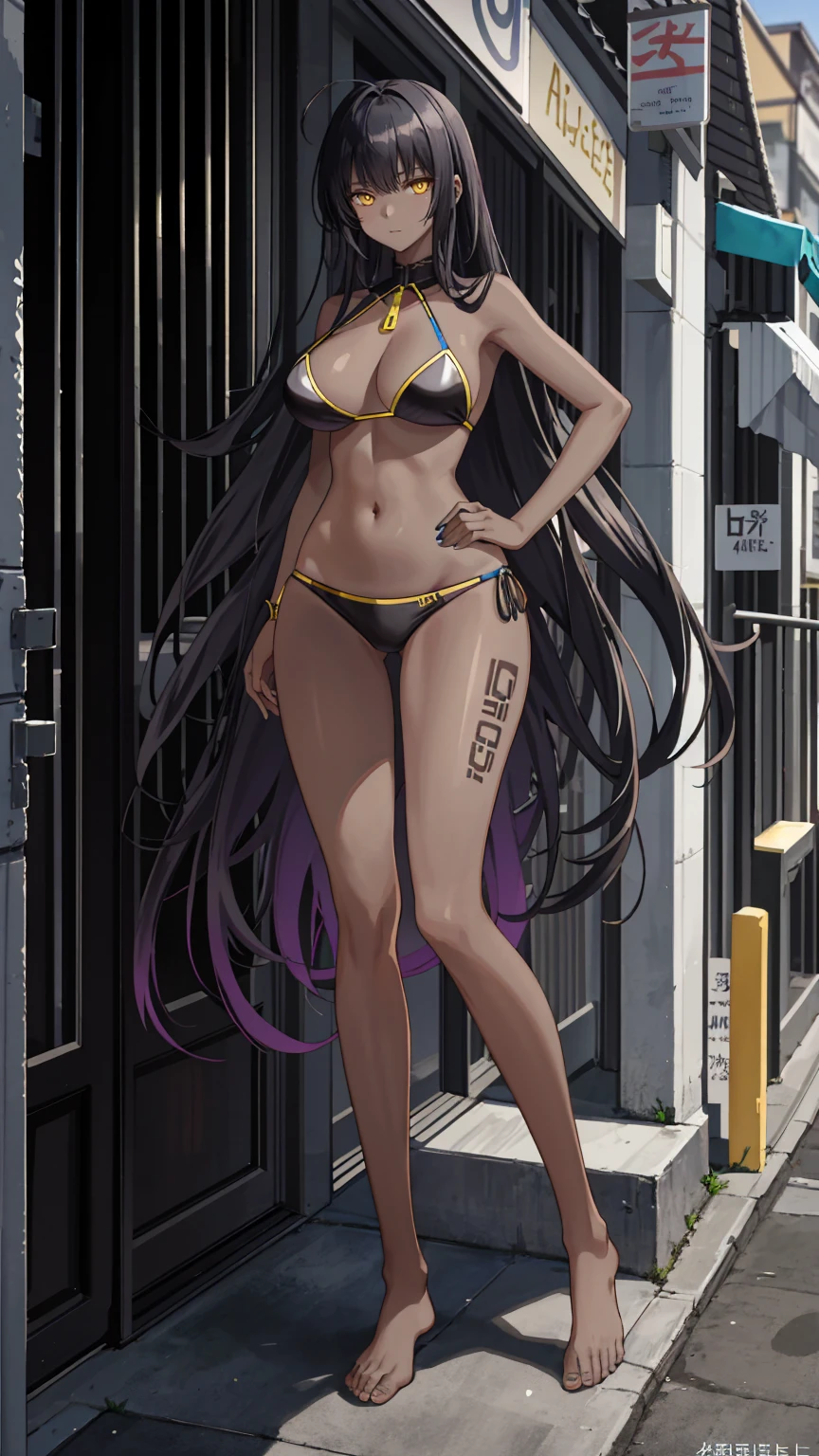 Masterpiece, best quality, high resolution, 1 woman, Karin , black skin , black hair , yellow eyes , black bikini , abdomen , big breasts, Long legs , Barefoot , Put your hands on your hips. , stand perfectly erect , alley , tall building