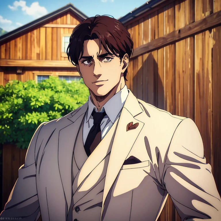 best quality,4k,8k,highres,masterpiece:1.2),ultra-detailed,(realistic,photorealistic,photo-realistic:1.37), a man with broad shoulders , mappa art style,  heart-shaped face with sharp jawline,   brown almond-shaped eyes with positive canthal tilt , his hair are medium unique well styled, his hair color is dark brown, he looks handsome, he is fair, he has well built body, he is wearing  white color wedding three piece suit, he is slightly smiling, vibrant color, behind him a cabin